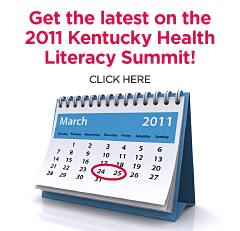 Promotional graphic: Get the latest on the 2011 Kentucky Health Literacy Summit, with a desk calendar showing March 24 and 25 circled.